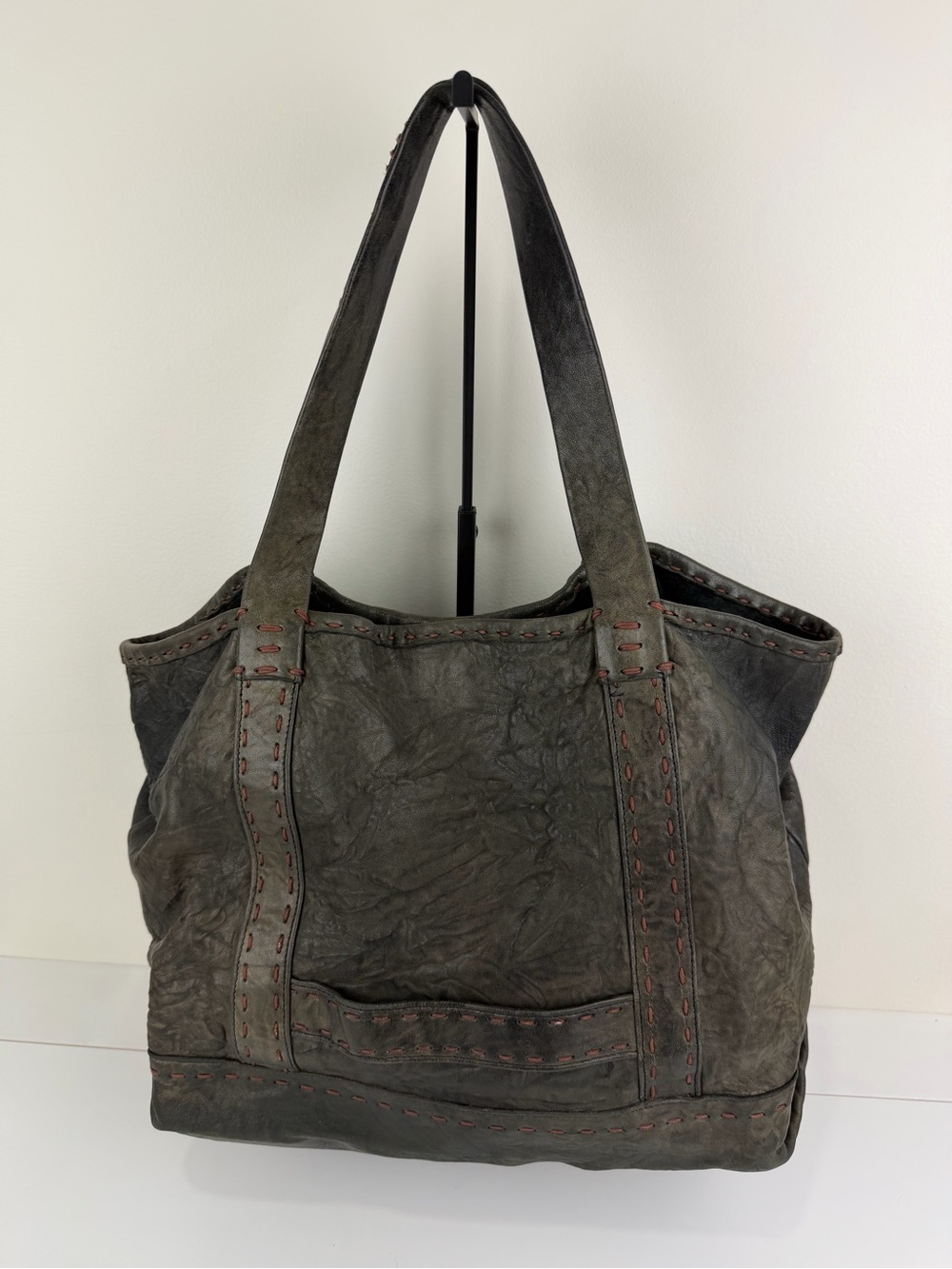 Carla Mancini Y2K Leather Peace Sign Tote Bag Boho Whipstitch Shoulder Bag - Picture 2 of 10